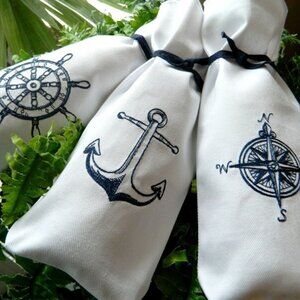 Wine Bag, Nautical Beach Bag, Coastal, Boat Sailboat Yacht, Marina Embroidery
